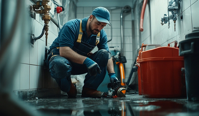 Professional plumber working on commercial plumbing in French Camp, CA